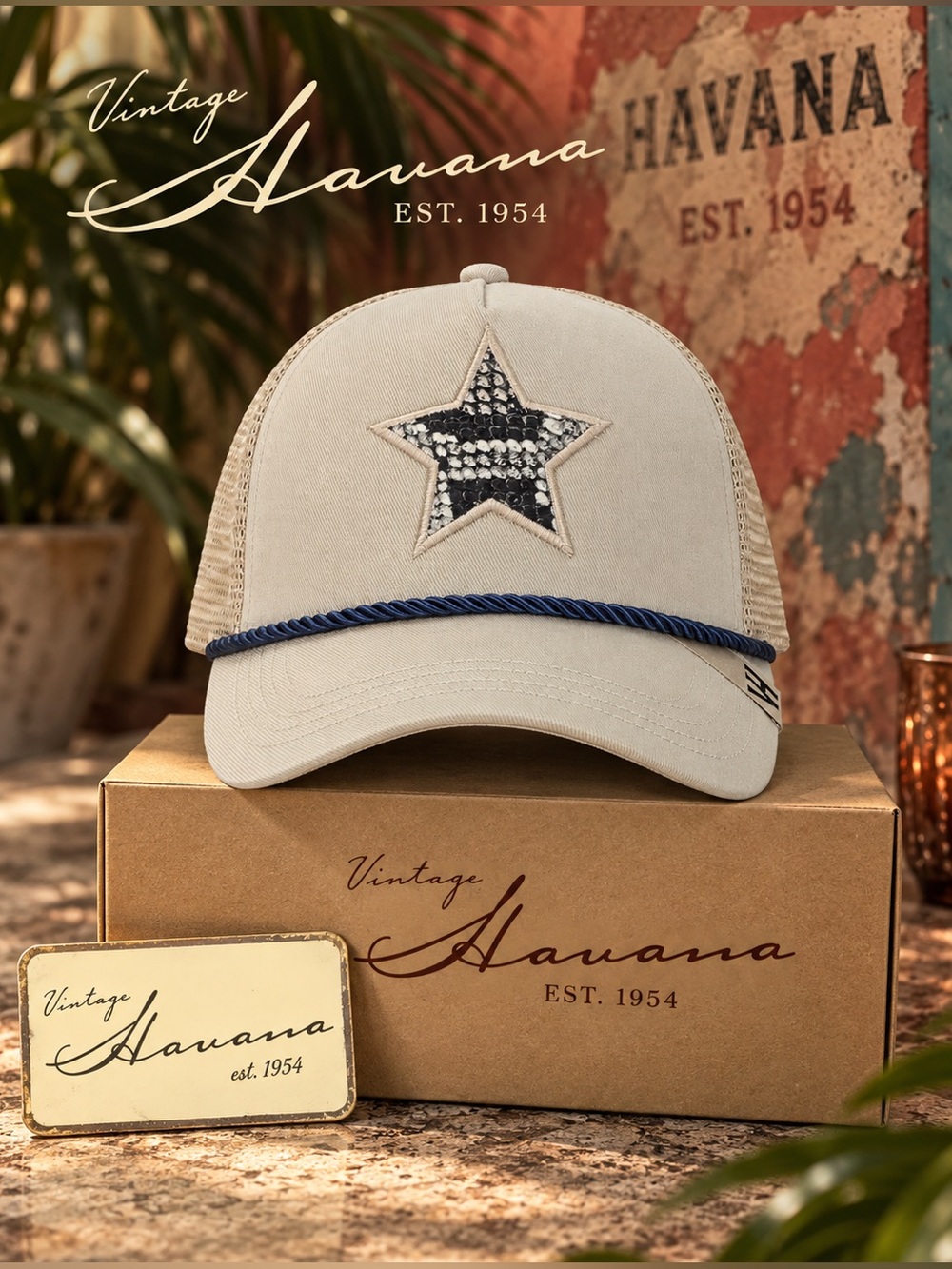 Vintage Havana- Legend 3 Hat- Beige Hat with Navy Rope & Star Patch NWT